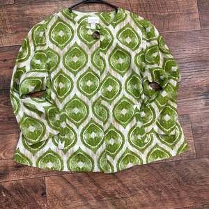 Chico's Green Ikat Printed 100% Linen One-Button Crop Jacket Size 2